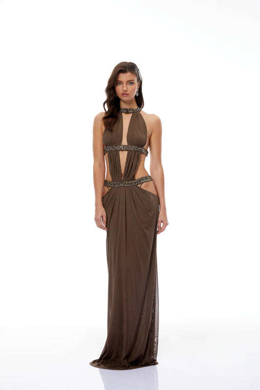 Chocolate Brown Evening Maxi Dress for Women | Embellished Cut Out Formal Dress - AMELIÈR VORÈ