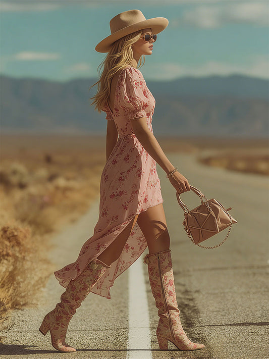 Retro Pink Floral Print V-Neck Chiffon Midi Dress