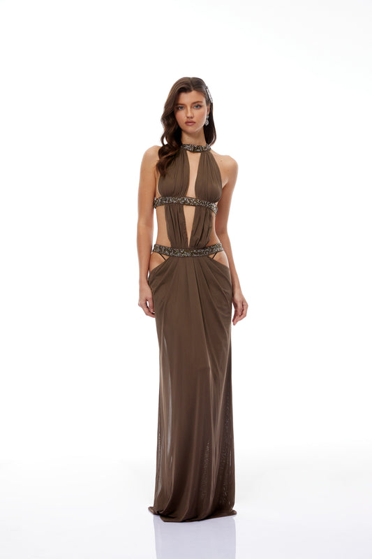 Chocolate Brown Evening Maxi Dress for Women | Embellished Cut Out Formal Dress - AMELIÈR VORÈ