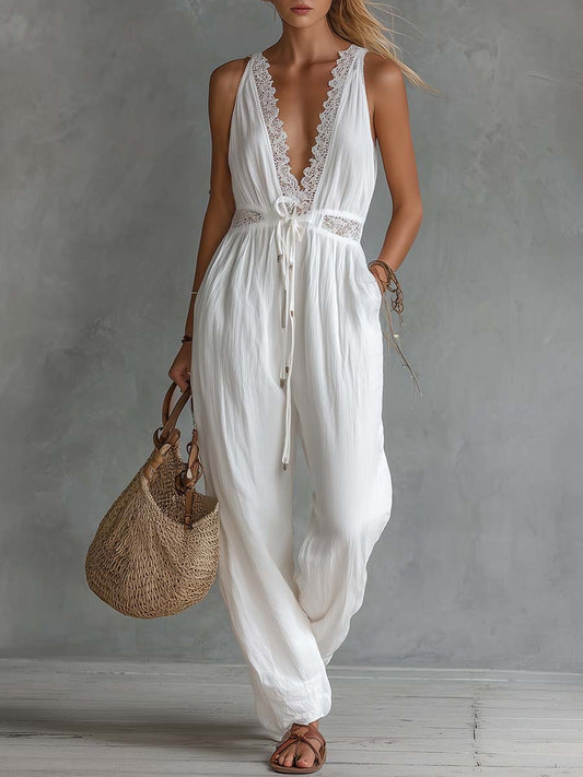 White Cotton-Linen Lace V-Neck Bohemian Summer Jumpsuit