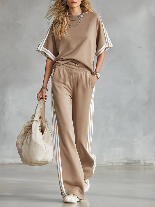 Casual Everyday Khaki T-Shirt And Pants Set With Striped Trim