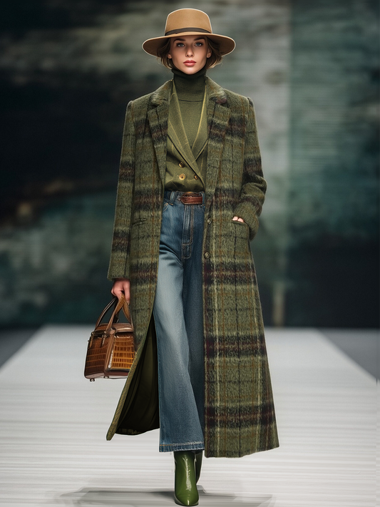 Women's Long Green Plaid Tweed Coat Vintage Style Wool Blend