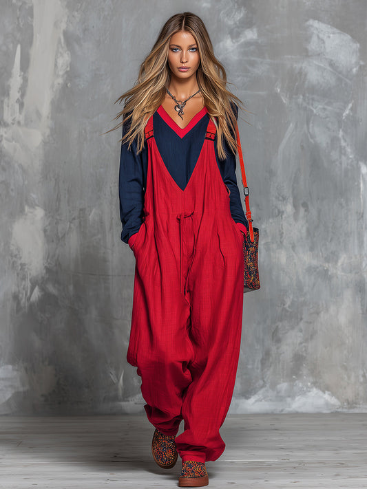 QMY Retro Bohemian Color-Blocked Cotton Linen Overalls Set Red