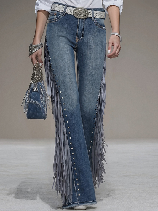 Western Blue Denim Flared Pants With Rivets and Side Tassels