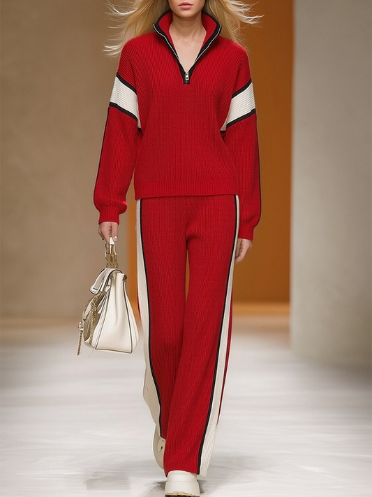 Retro Style Contrast Color Knit Top And Pants Loungewear Set