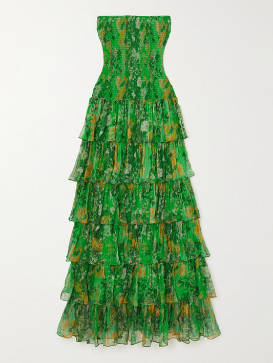 Product Title Green Floral Wedding Guest Maxi Dress – Strapless Tiered Ruffle Smocked - AMELIÈR VORÈ