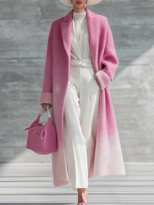 Urban Elegance Pink Gradient Long Coat Soft Woolen Winter Outerwear