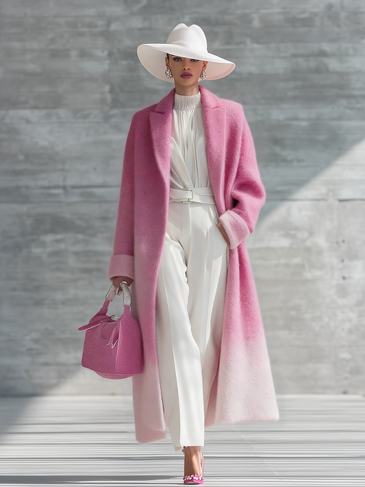 Urban Elegance Pink Gradient Long Coat Soft Woolen Winter Outerwear