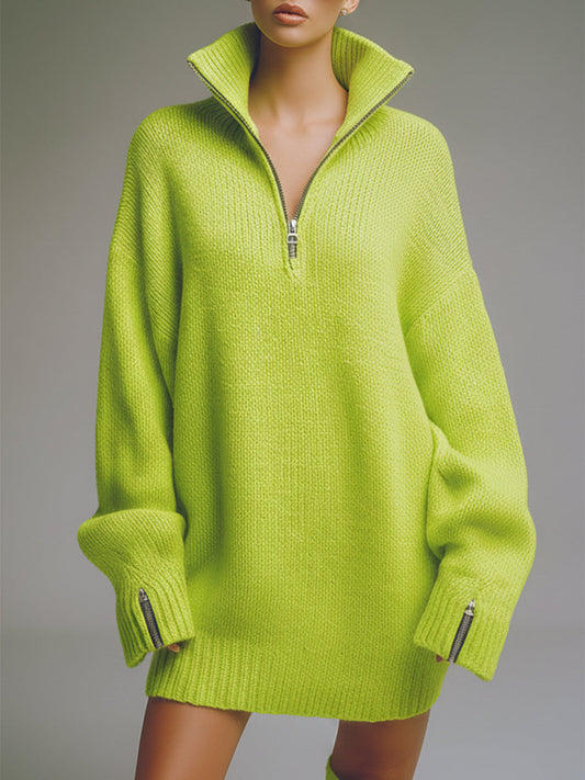 Green Knitted Mini Dress with Half Zipper Stand Collar
