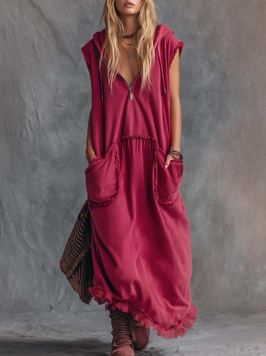CSS Vintage Sporty Hooded Cotton Maxi Dress With Lace Trim