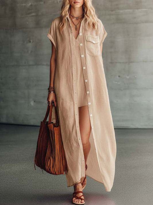 Cotton Linen Camisole Mini Dress and Long Cover-Up Set Pink