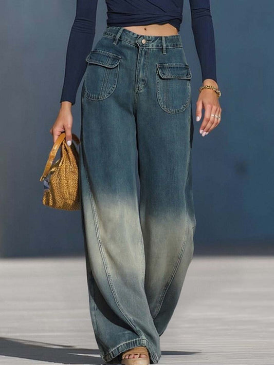 Stylish Gradient Washed Denim Loose Pants in Blue Gray Finish