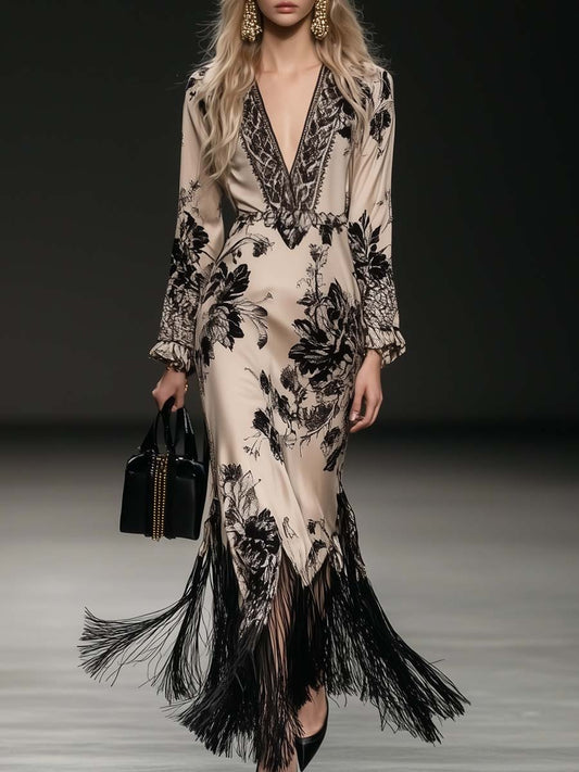 Bohemian V-Neck Floral Satin Maxi Dress with Tassel Hem