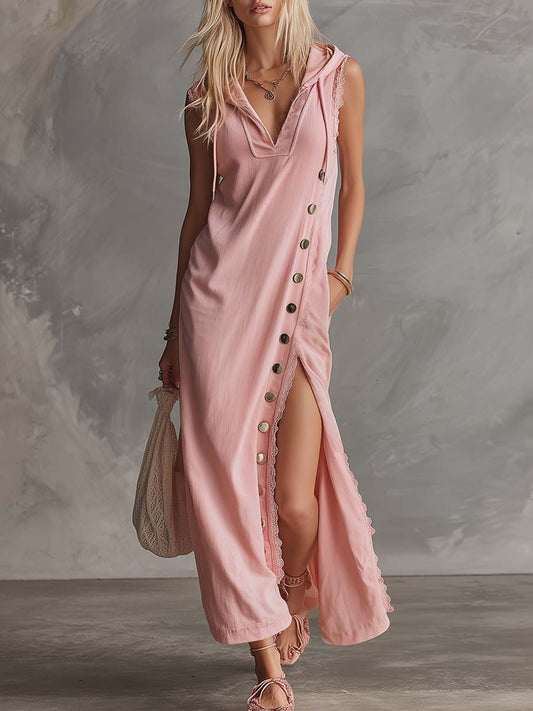 Midi Dress Retro Sporty Hooded Lace Trim Cotton Pink