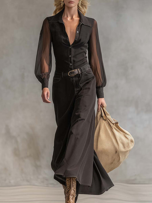 Vintage Western V-Neck Denim Maxi Dress With Sheer Sleeves Black
