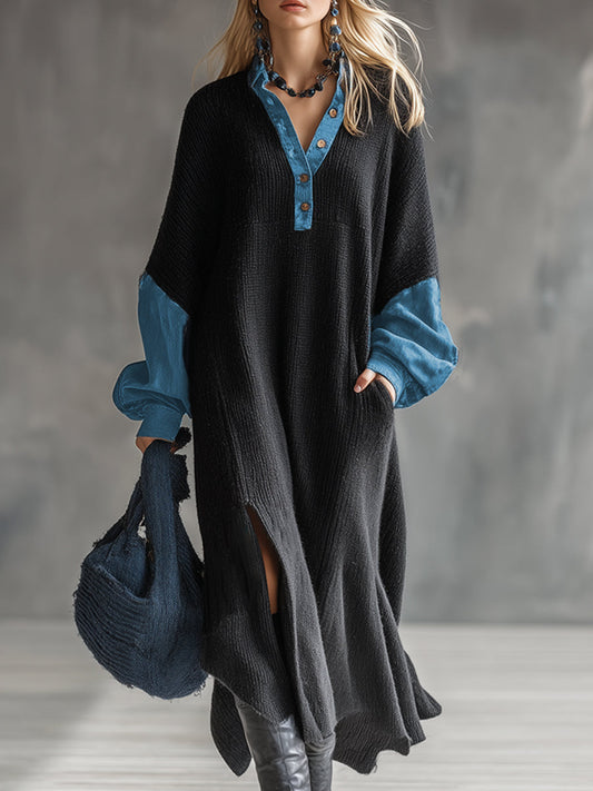 GY Knitted Maxi Dress With Denim Trim Black