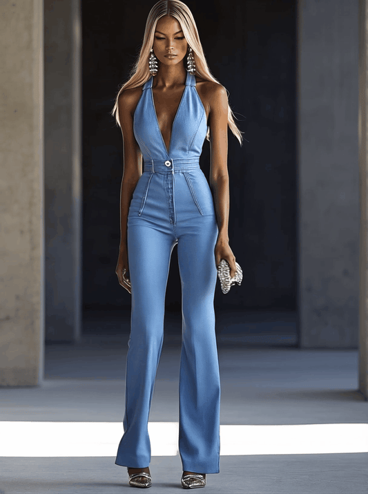 Stylish V-Neck Sleeveless Slim Fit Light Blue Denim Jumpsuit