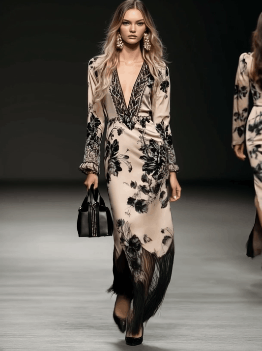 Bohemian V-Neck Floral Satin Maxi Dress with Tassel Hem