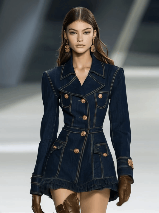 Denim Mini Dress With Large Lapels and Ruffled Hem