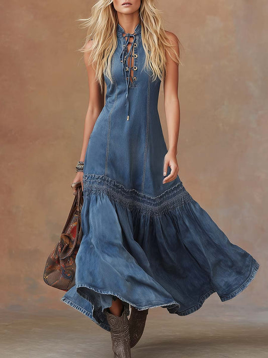 CSS Vintage Western Denim Maxi Dress Tie-Neck Bubble Hem Blue