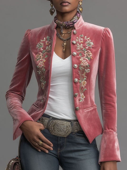 Embroidered Floral Velvet Western Jacket with Stand Collar Pink