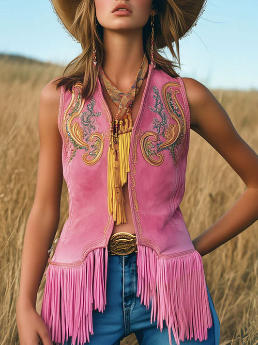 Vintage Pink Suede Tassel Vest With Intricate Gold Embroidery Detail
