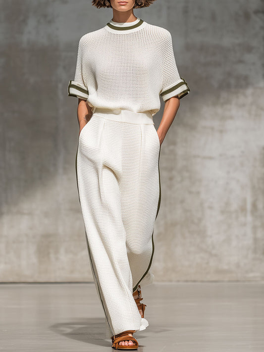 Vintage Trimmed White Knitted Mesh Short Sleeve Shirt Pants Set