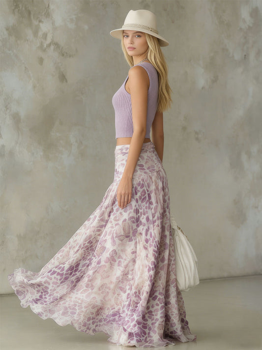 Purple Sleeveless Knit Top and Leopard Print Chiffon Skirt Set