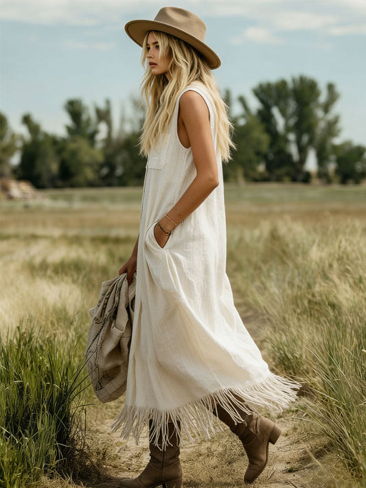 Beige Cotton Linen Collared Sleeveless Maxi Dress with Fringe