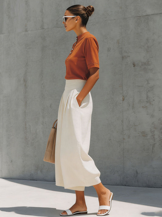 Casual Retro Orange Cotton Short-Sleeve T-Shirt And Linen Capri Set