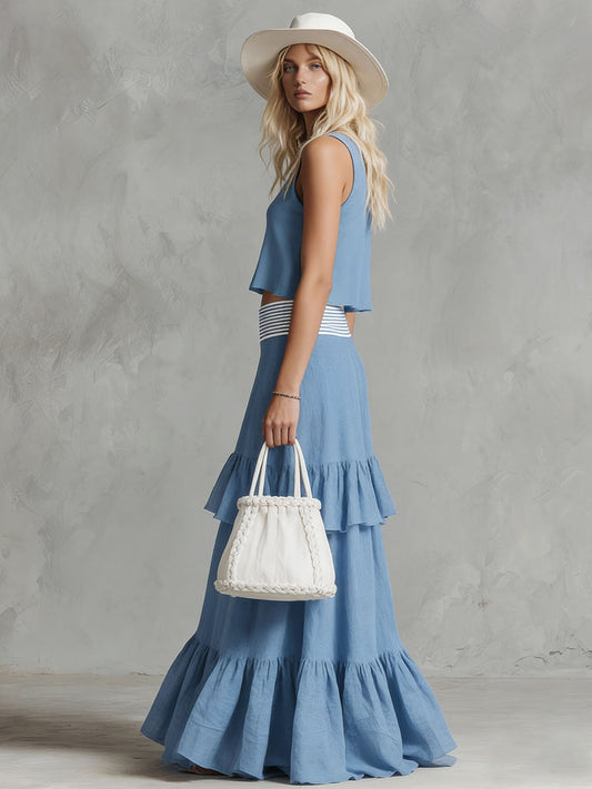 Blue Cotton Linen Sleeveless V-Neck Top and Skirt Set