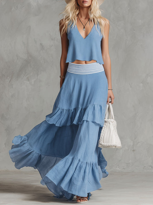 Blue Cotton Linen Sleeveless V-Neck Top and Skirt Set