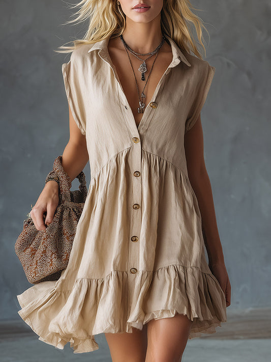 GY Cotton-Linen Wide-Shoulder Sleeveless Mini Dress Apricot