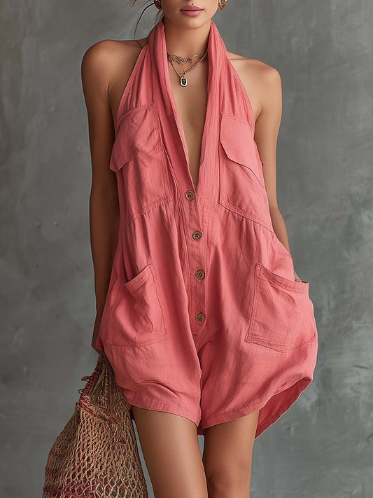 Pink Cotton Halter-Neck Shorts Jumpsuit with Front Button Closure