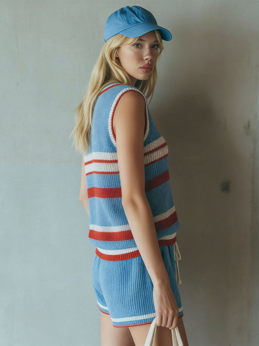 Color-blocked Striped Knit V-neck Sleeveless Top And Shorts Set