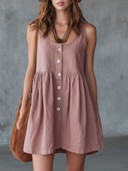 BXL Casual Retro Linen Cotton Mini Dress Gray Pink