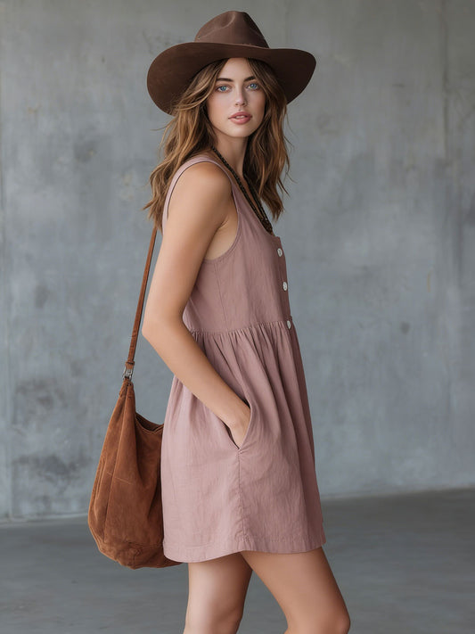 BXL Casual Retro Linen Cotton Mini Dress Gray Pink