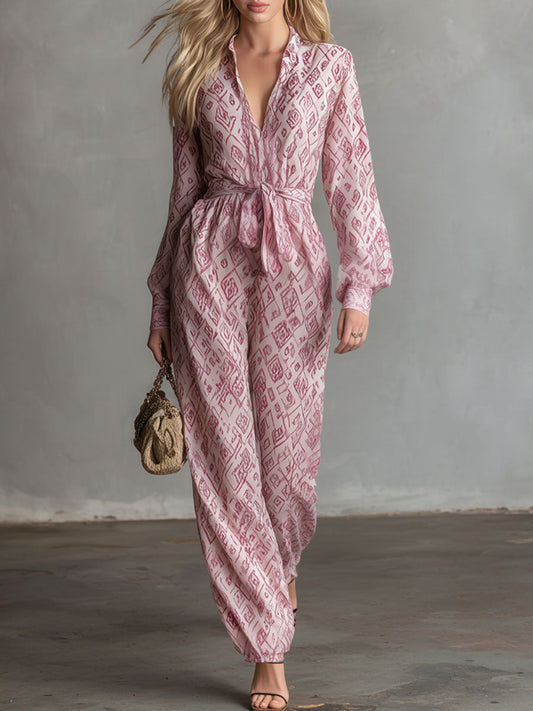 Casual Long-Sleeved V-Neck Printed Chiffon Jumpsuit for Women