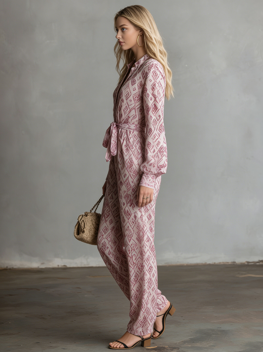 Casual Long-Sleeved V-Neck Printed Chiffon Jumpsuit for Women