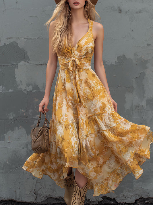 Retro Printed Chiffon Midi Dress V-Neck Sleeveless Yellow