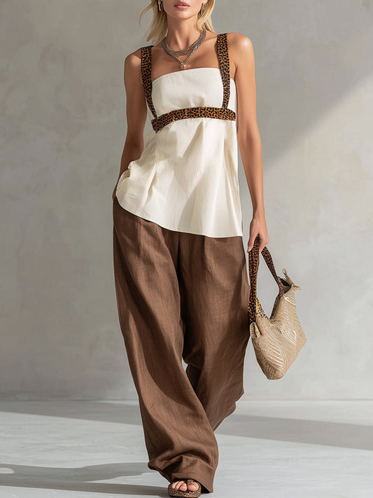 Minimalist White Top and Brown Wide-Leg Pants Cotton Linen Set