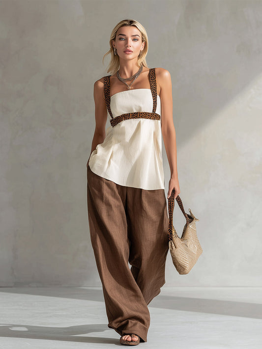 Minimalist White Top and Brown Wide-Leg Pants Cotton Linen Set