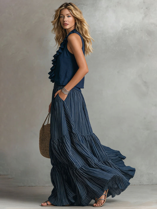 Navy Blue V-Neck Ruffled Sleeveless Chiffon Top And Skirt Set
