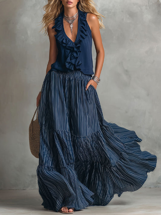 Navy Blue V-Neck Ruffled Sleeveless Chiffon Top And Skirt Set