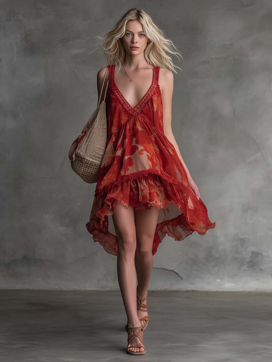 Floral Chiffon Mini Dress With Lace V-Neck Detail Red