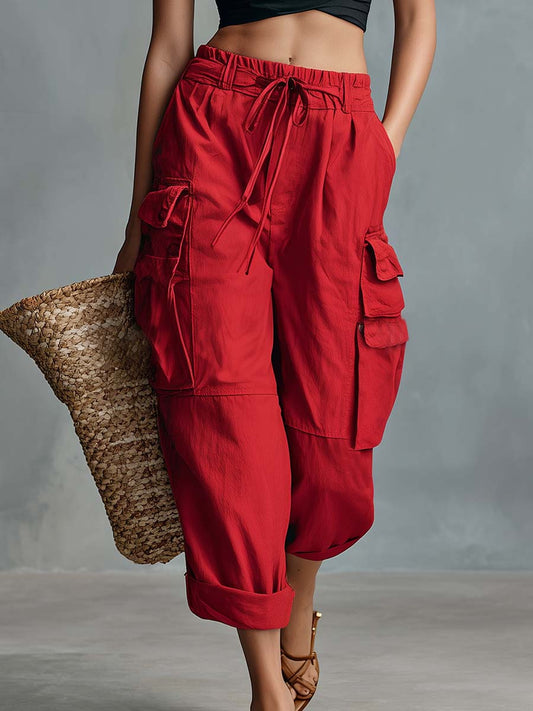 Casual Red Cotton-Linen Cargo Capris Pants with Drawstring Waist