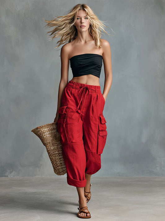 Casual Red Cotton-Linen Cargo Capris Pants with Drawstring Waist