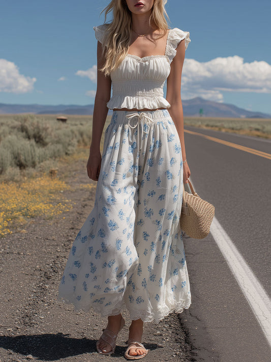 Retro Lace Ruffled White Sleeveless Top And Printed Pants Set