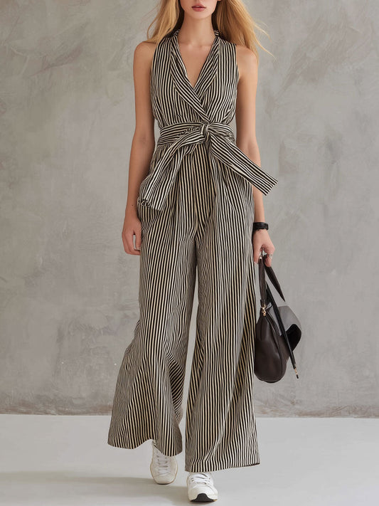 Retro Striped Sleeveless Collared Cotton-Linen Jumpsuit with Waist Tie