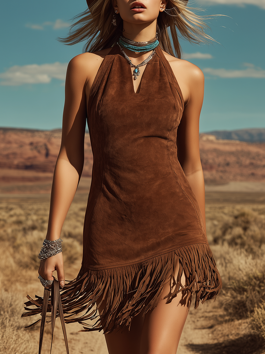 Bohemian Western Faux Suede Halter Mini Dress Brown